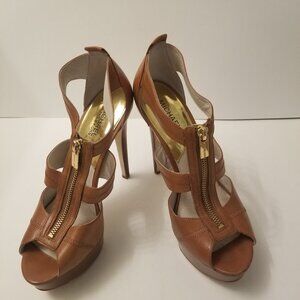 Michael Kors Tan Peep-Toe Strappy Stiletto Platform Heels  size 10
